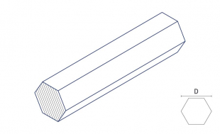 A technical illustration of the product with dimensions of the material En AW-6012 from the material Aluminum in the shape hexagon bar drawn