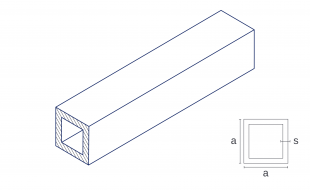 A technical illustration of the product with dimensions of the material CW009A from the material Copper in the shape square tube as bar