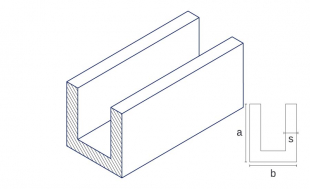 Eine technische Zeichnung des Produkts mit Maßangaben des Werkstoffs Messing CW624N aus dem Material Messing in der Form U-Profil