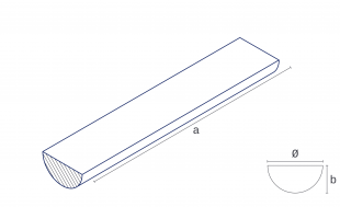 A technical illustration of the product with dimensions of the material EN AW-6082 from the material Aluminum in the shape half-round bar